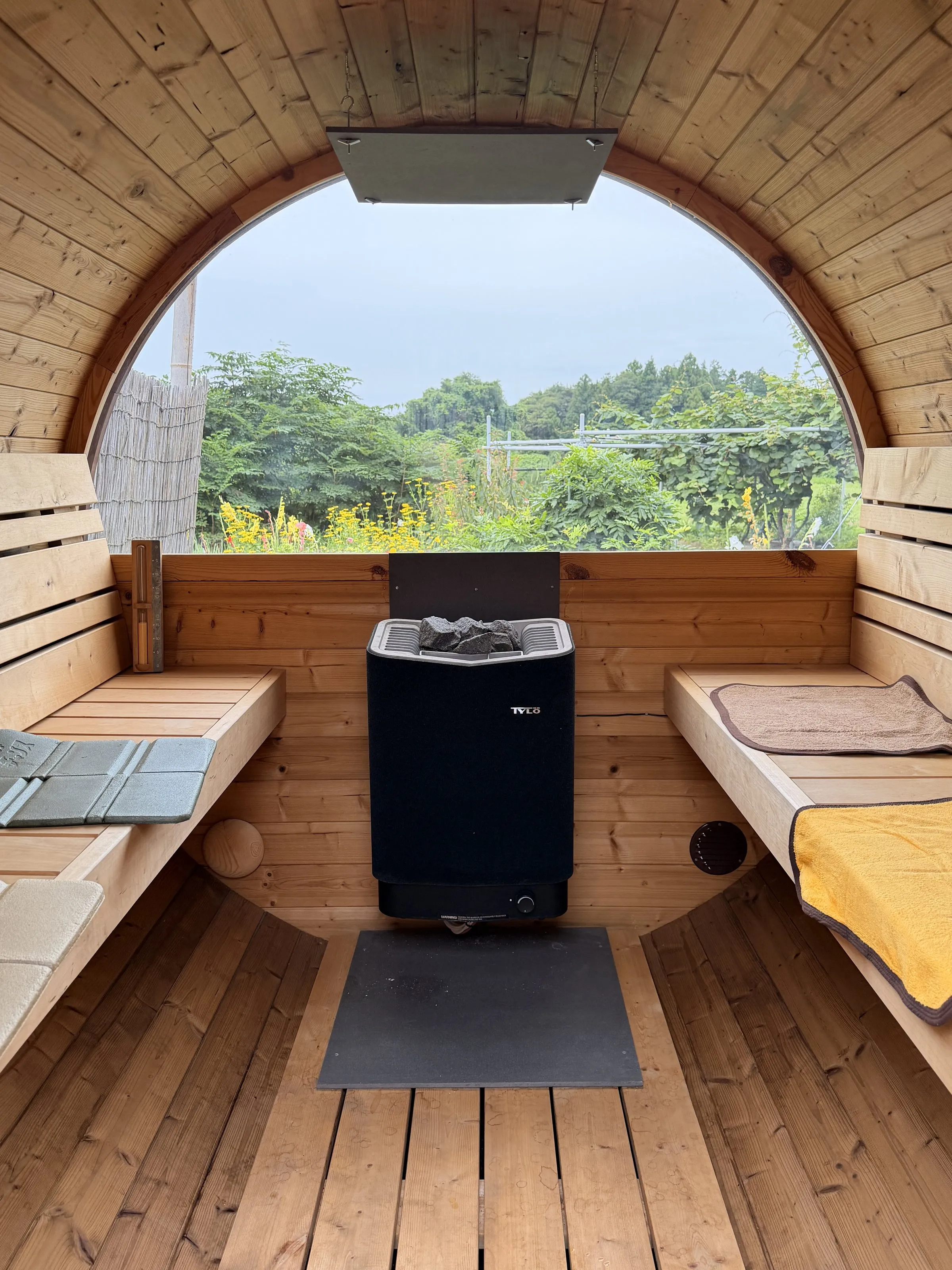 My Tylö Pure 8kW heater inside the barrel — oversized for this size, and the reason the numbers below hold up
