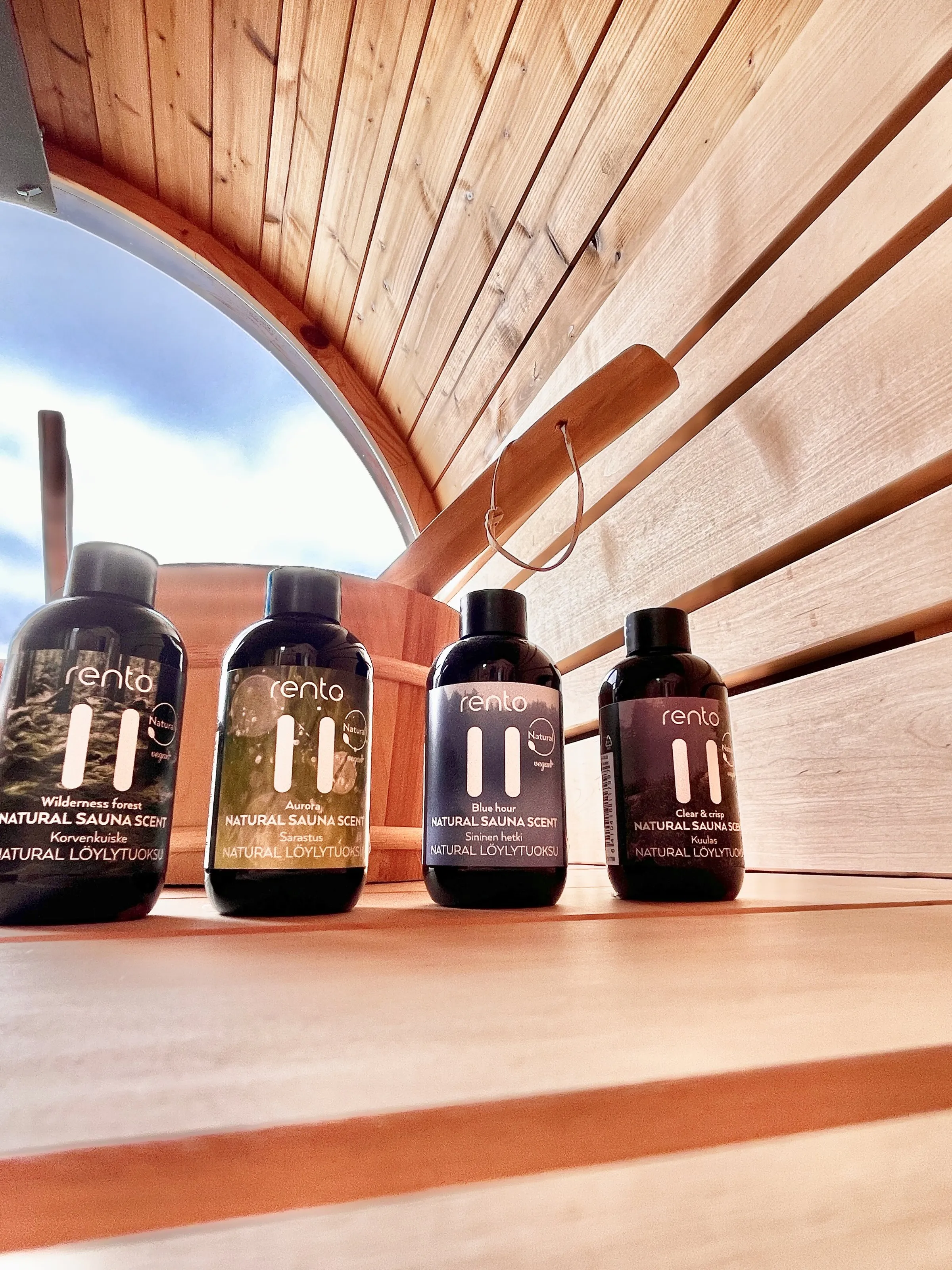 Rento löyly scents lined up on the sauna bench